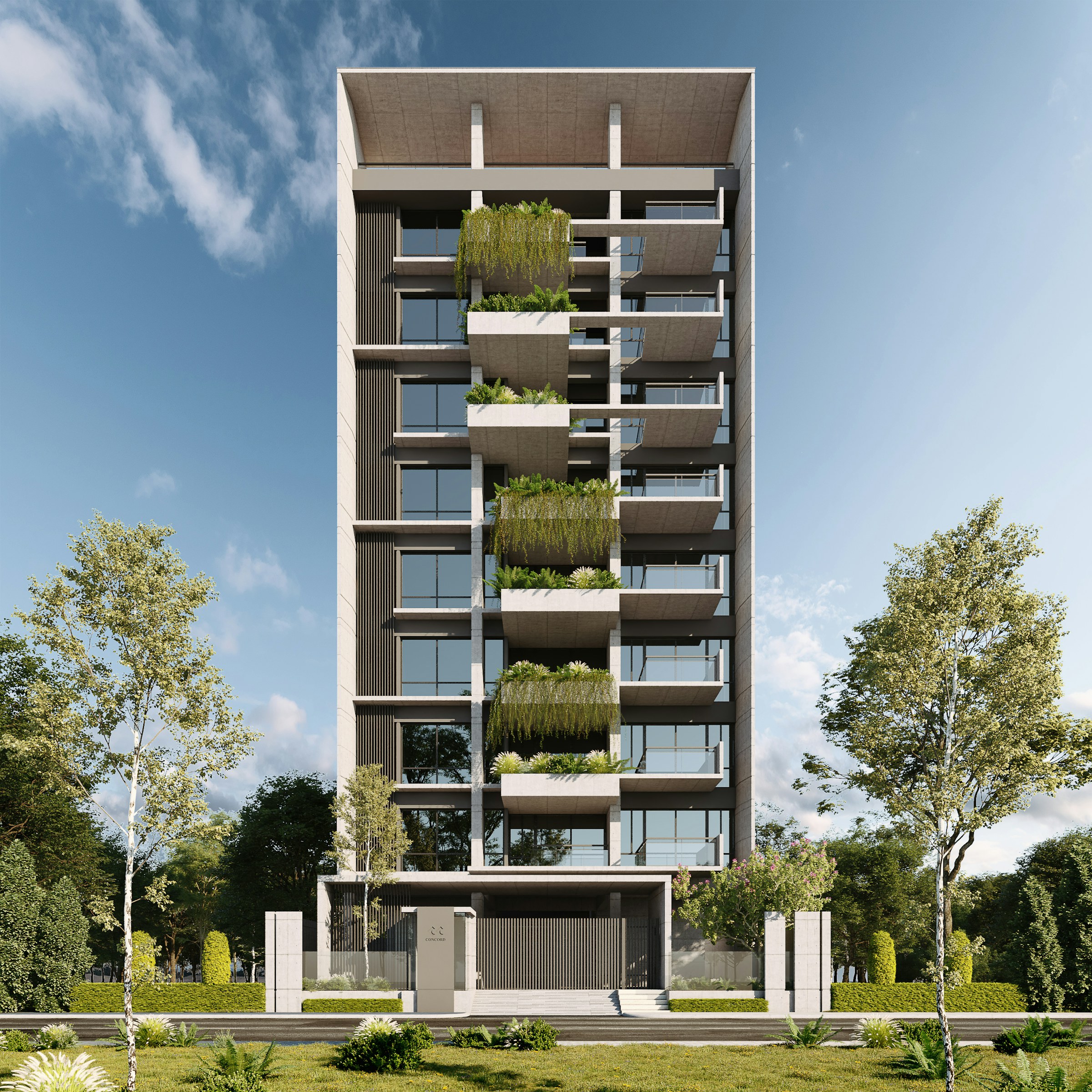 Fachada de prédio residencial com jardineiras nas varandas